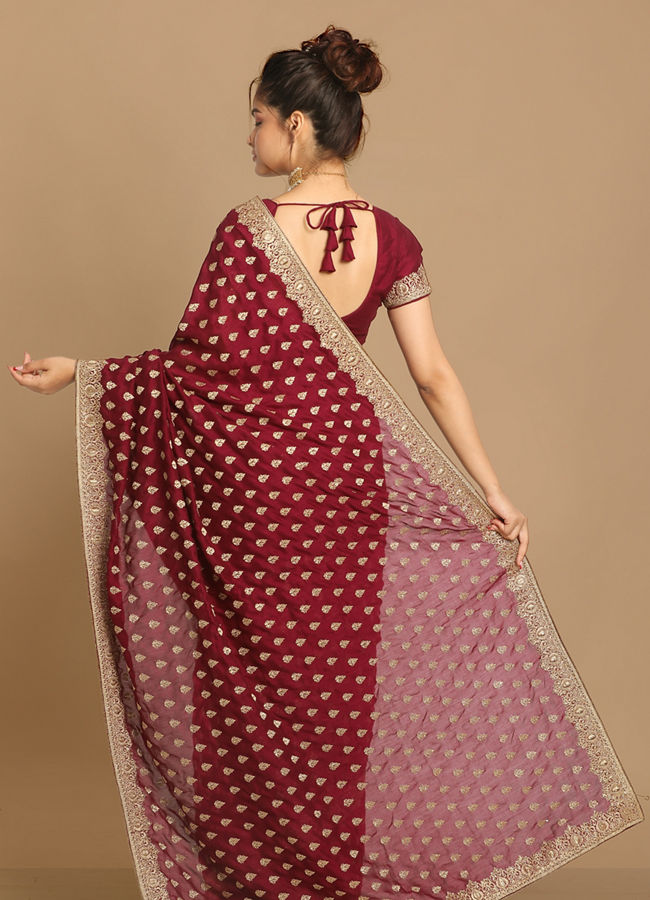 Royal Wine Embroidered Saree image number 3